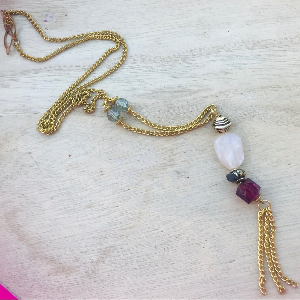 Stone and Beaded Gold Toned Necklace